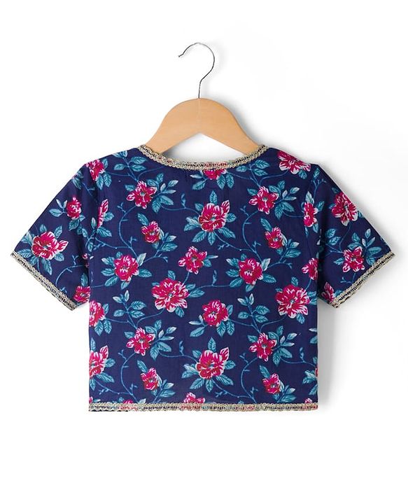 Pine Kids Cotton Woven Floral Printed Choli Lahenga Dupatta Set With Half Sleeves Jacket - Navy
