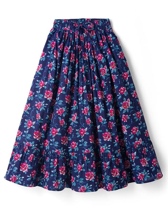 Pine Kids Cotton Woven Floral Printed Choli Lahenga Dupatta Set With Half Sleeves Jacket - Navy