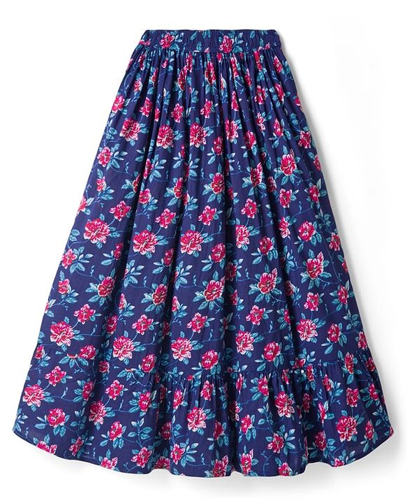 Pine Kids Cotton Woven Floral Printed Choli Lahenga Dupatta Set With Half Sleeves Jacket - Navy