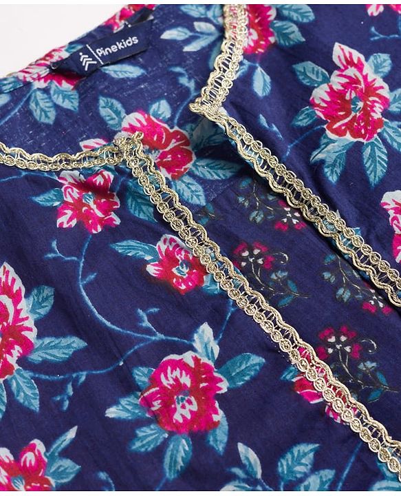 Pine Kids Cotton Woven Floral Printed Choli Lahenga Dupatta Set With Half Sleeves Jacket - Navy