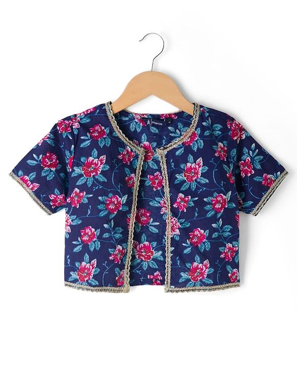 Pine Kids Cotton Woven Floral Printed Choli Lahenga Dupatta Set With Half Sleeves Jacket - Navy