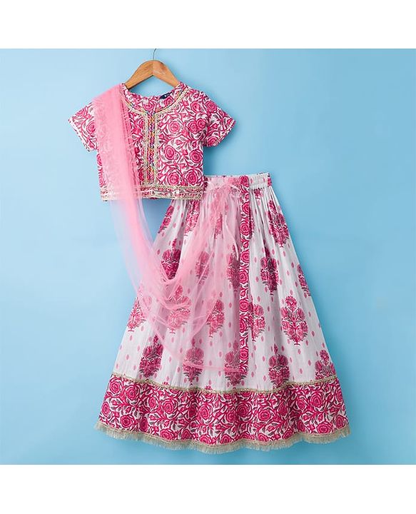 Pine Kids Cotton Woven Half Sleeves Floral Printed Choli Lahenga Set with Dupatta - White