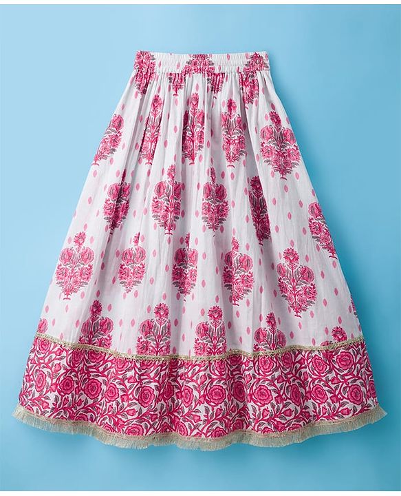 Pine Kids Cotton Woven Half Sleeves Floral Printed Choli Lahenga Set with Dupatta - White