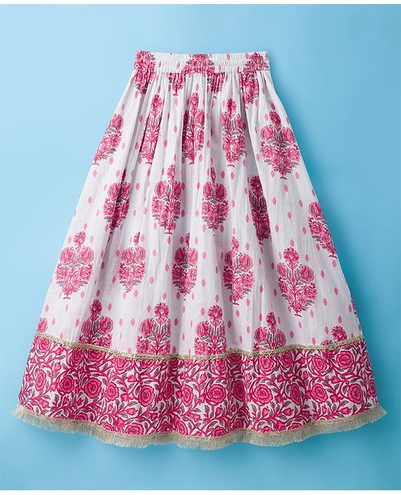 Pine Kids Cotton Woven Half Sleeves Floral Printed Choli Lahenga Set with Dupatta - White