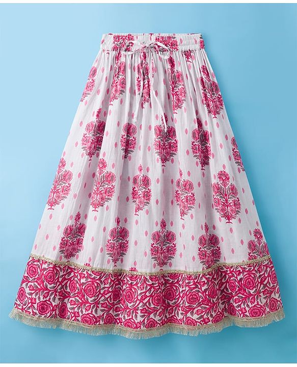 Pine Kids Cotton Woven Half Sleeves Floral Printed Choli Lahenga Set with Dupatta - White
