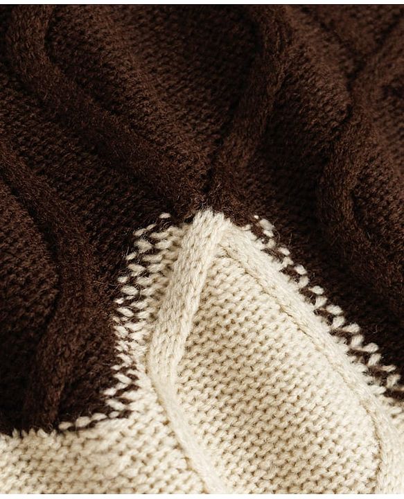 Pine Kids Knit Full Sleeves Colour Block Cable Knit Designed Pullover - Cream & Brown