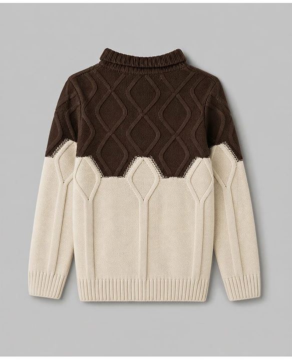 Pine Kids Knit Full Sleeves Colour Block Cable Knit Designed Pullover - Cream & Brown