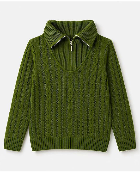 Pine Kids Knit Full Sleeves Pullover Sweater With Cable Knit Design - Green