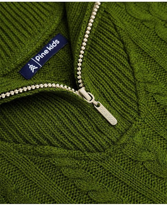 Pine Kids Knit Full Sleeves Pullover Sweater With Cable Knit Design - Green