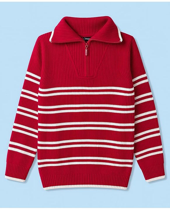 Pine Kids Knit Full Sleeves Striped Pullover Sweater- Red