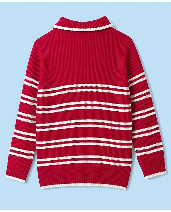Pine Kids Knit Full Sleeves Striped Pullover Sweater- Red