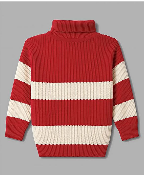 Pine Kids Knit Full Sleeves Striped Pullover Sweater - Red