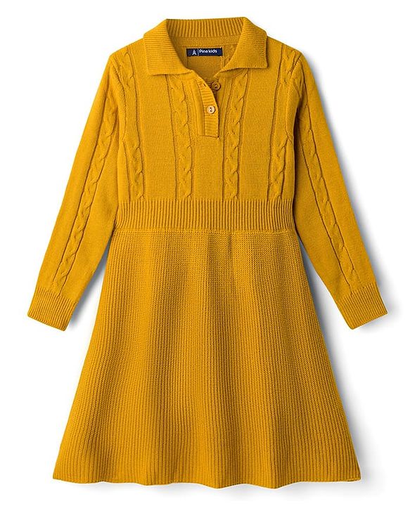 Pine Kids Knit Full Sleeves Woolen Dress With Cable Knit - Mustard