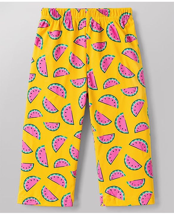 Babyhug Cotton Knit Full Sleeves Top & Pyjama Co-Ord Night Suit With Watermelon Print - Yellow