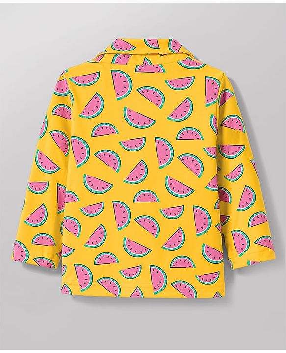 Babyhug Cotton Knit Full Sleeves Top & Pyjama Co-Ord Night Suit With Watermelon Print - Yellow