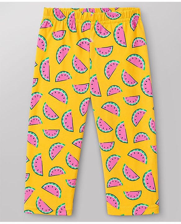 Babyhug Cotton Knit Full Sleeves Top & Pyjama Co-Ord Night Suit With Watermelon Print - Yellow