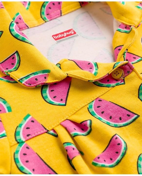 Babyhug Cotton Knit Full Sleeves Top & Pyjama Co-Ord Night Suit With Watermelon Print - Yellow