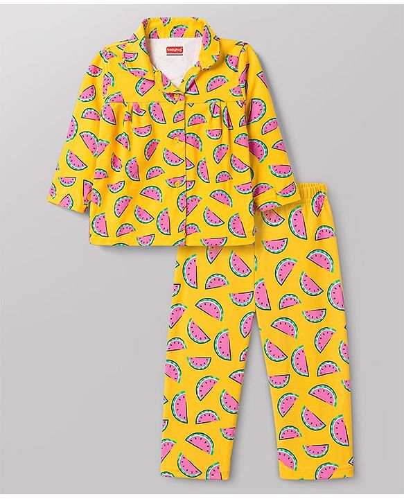 Babyhug Cotton Knit Full Sleeves Top & Pyjama Co-Ord Night Suit With Watermelon Print - Yellow