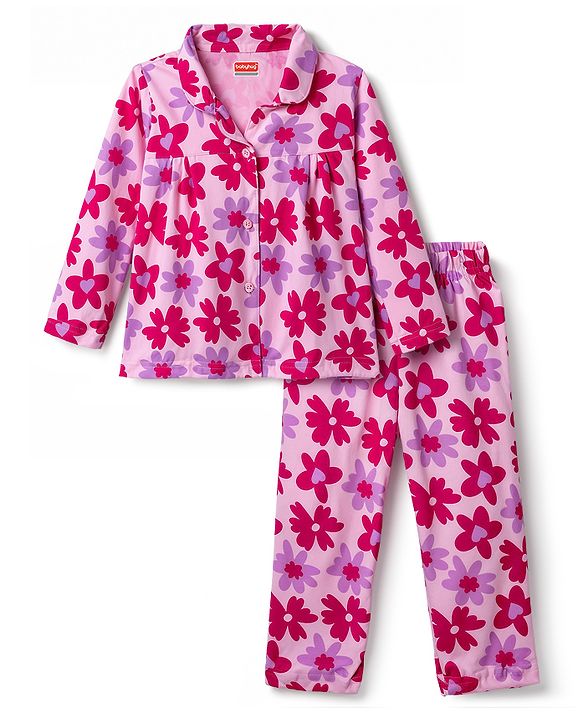 Babyhug Cotton Knit Full Sleeves Front Open Co-Ords Floral Printed Top & Pajama Night Suit - Pink