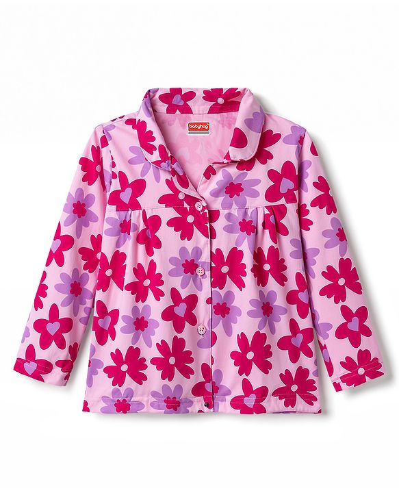 Babyhug Cotton Knit Full Sleeves Front Open Co-Ords Floral Printed Top & Pajama Night Suit - Pink