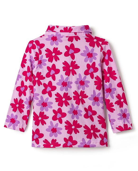 Babyhug Cotton Knit Full Sleeves Front Open Co-Ords Floral Printed Top & Pajama Night Suit - Pink