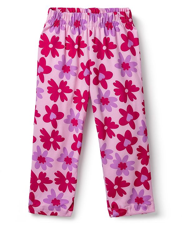 Babyhug Cotton Knit Full Sleeves Front Open Co-Ords Floral Printed Top & Pajama Night Suit - Pink