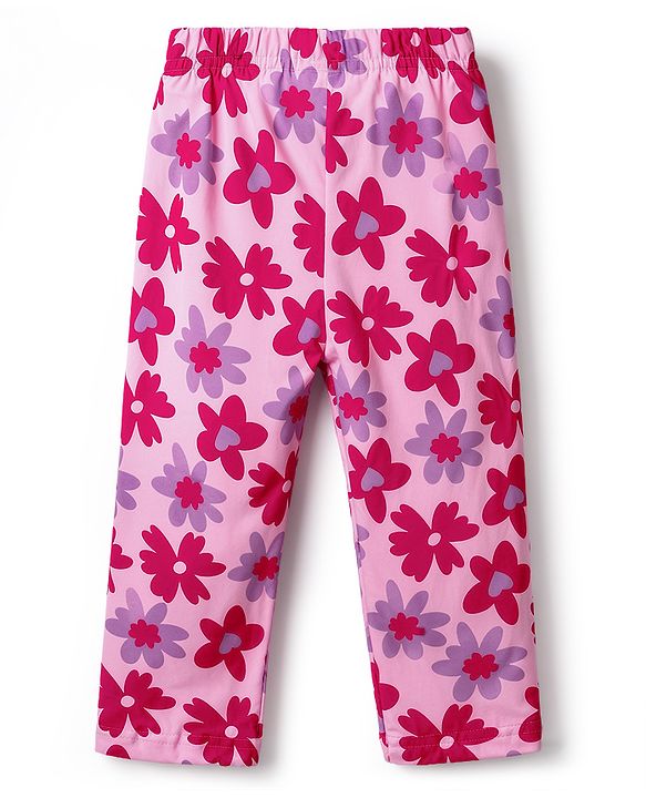 Babyhug Cotton Knit Full Sleeves Front Open Co-Ords Floral Printed Top & Pajama Night Suit - Pink