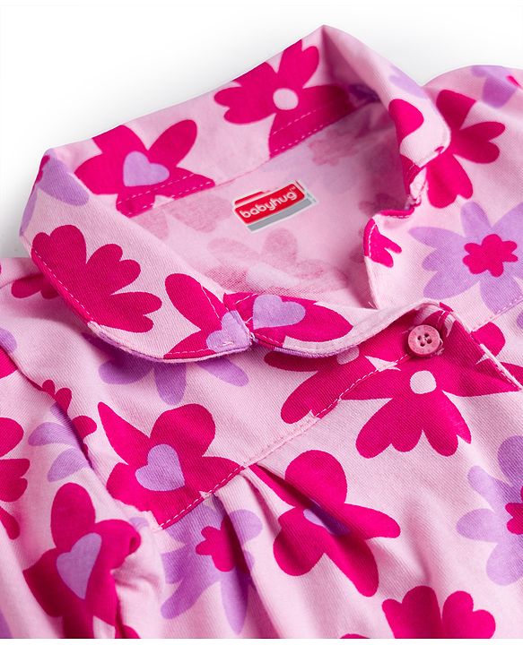 Babyhug Cotton Knit Full Sleeves Front Open Co-Ords Floral Printed Top & Pajama Night Suit - Pink