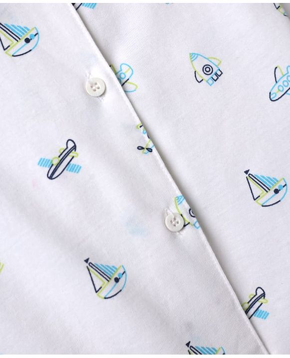 Babyhug Cotton Knit Full Sleeves Aeroplane Printed Co-Ords Shirt & Pyjama Night Suit - White
