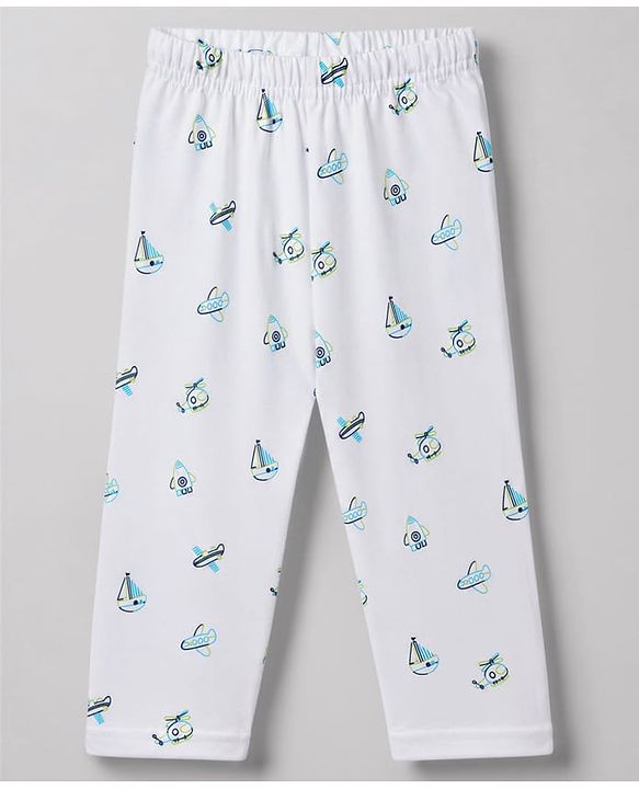Babyhug Cotton Knit Full Sleeves Aeroplane Printed Co-Ords Shirt & Pyjama Night Suit - White