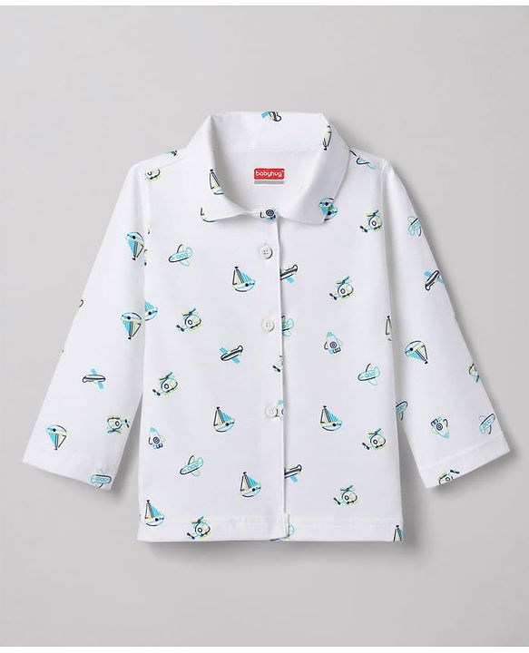 Babyhug Cotton Knit Full Sleeves Aeroplane Printed Co-Ords Shirt & Pyjama Night Suit - White