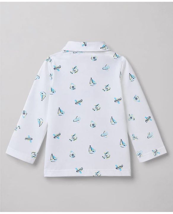Babyhug Cotton Knit Full Sleeves Aeroplane Printed Co-Ords Shirt & Pyjama Night Suit - White