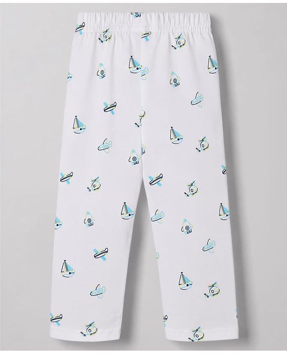 Babyhug Cotton Knit Full Sleeves Aeroplane Printed Co-Ords Shirt & Pyjama Night Suit - White