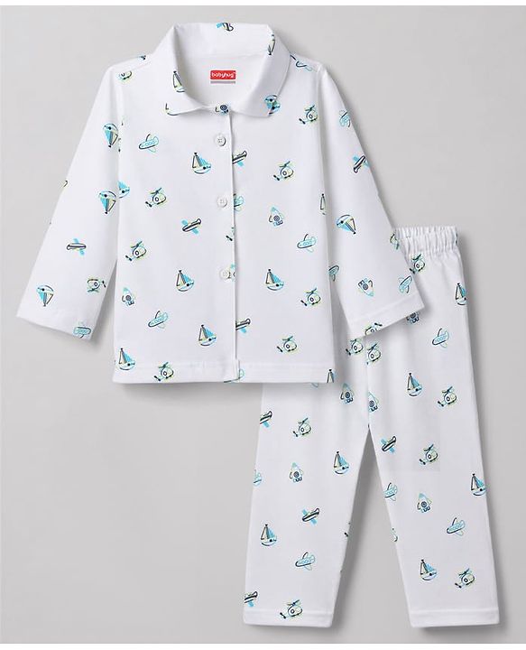 Babyhug Cotton Knit Full Sleeves Aeroplane Printed Co-Ords Shirt & Pyjama Night Suit - White