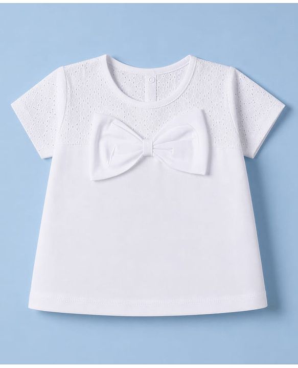 Babyhug 100% Cotton Woven Half Sleeves Top with Bow Detailing - White