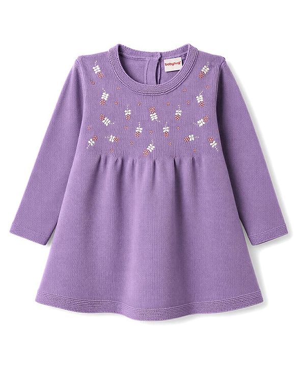 Babyhug Sweater-knit Full Sleeves Woollen Dress with Floral Embroidery - Lavender