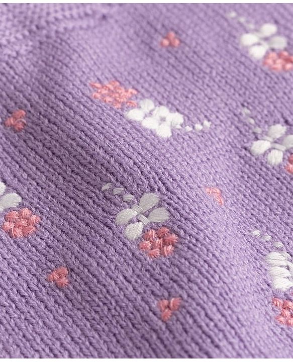 Babyhug Sweater-knit Full Sleeves Woollen Dress with Floral Embroidery - Lavender