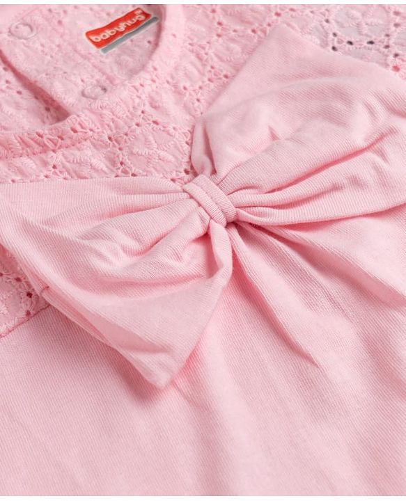 Babyhug 100% Cotton Woven Half Sleeves Top with Schiffli & Bow Detailing - Pink