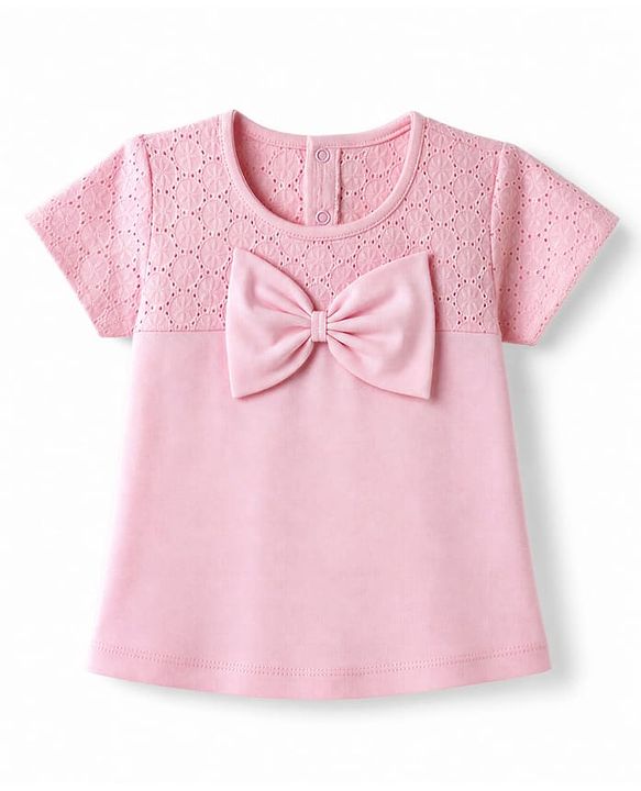 Babyhug 100% Cotton Woven Half Sleeves Top with Schiffli & Bow Detailing - Pink