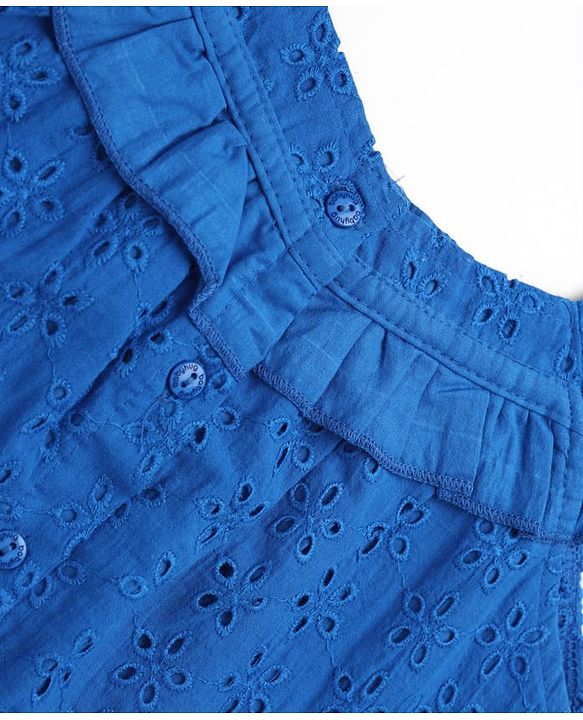 Babyhug 100% Cotton Woven Top with Sleeveless and Floral Schiffli Detailing - Blue