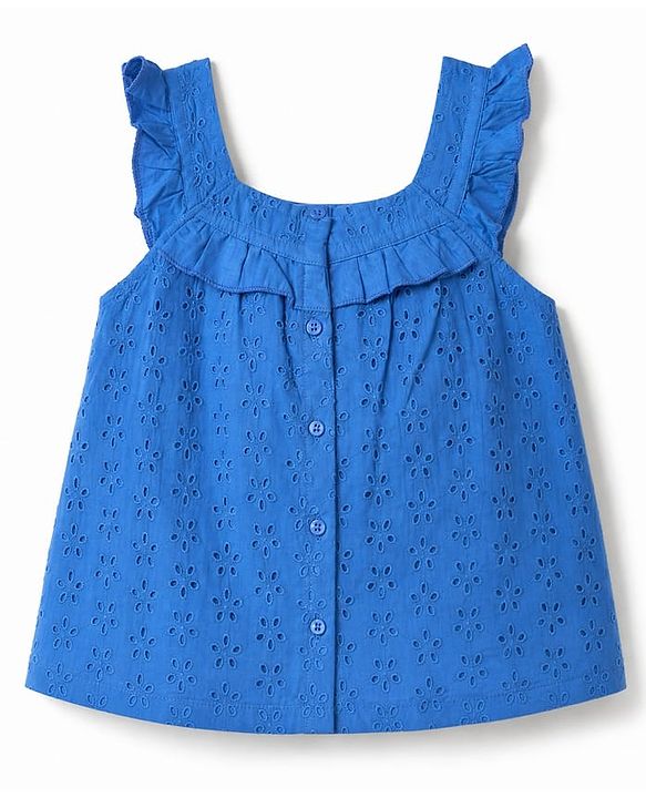 Babyhug 100% Cotton Woven Top with Sleeveless and Floral Schiffli Detailing - Blue
