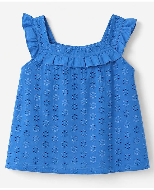 Babyhug 100% Cotton Woven Top with Sleeveless and Floral Schiffli Detailing - Blue