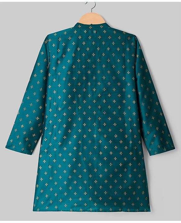 Pine Kids Woven Full Sleeves Floral Foil Printed Kurta & Pyjama Set - Teal Blue
