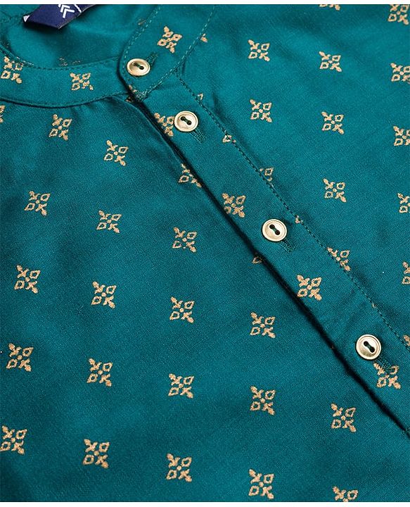 Pine Kids Woven Full Sleeves Floral Foil Printed Kurta & Pyjama Set - Teal Blue