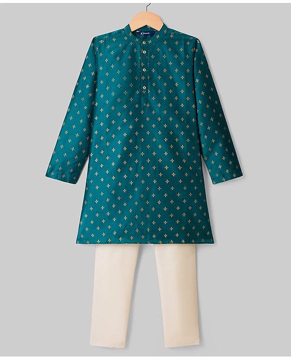 Pine Kids Woven Full Sleeves Floral Foil Printed Kurta & Pyjama Set - Teal Blue