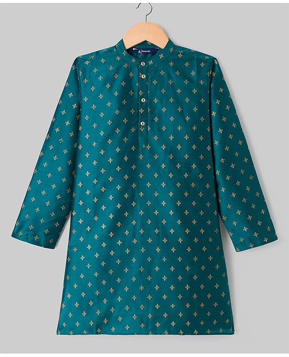 Pine Kids Woven Full Sleeves Floral Foil Printed Kurta & Pyjama Set - Teal Blue
