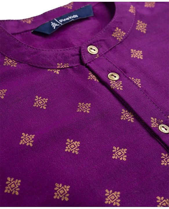 Pine Kids Woven Full Sleeves Floral Foil Printed Kurta & Pyjama Set - Wine