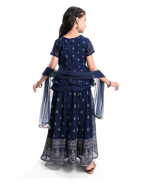 Pine Kids Woven Half Sleeves Floral Embroidery Choli Lagenga & Dupatta Set - Navy Blue