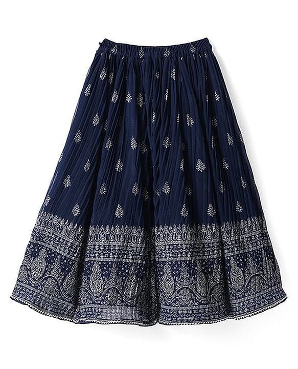 Pine Kids Woven Half Sleeves Floral Embroidery Choli Lagenga & Dupatta Set - Navy Blue