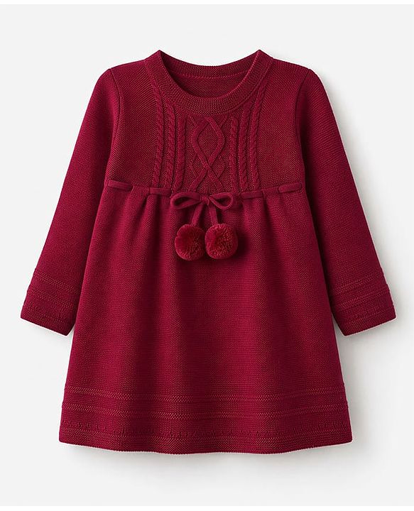Babyhug Cable Sweater-knit Full Sleeves Woolen Dress with Knot - Maroon